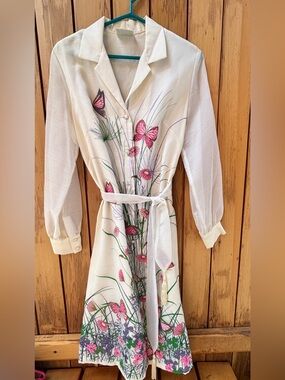 Vintage 70s Alfred Shaheen Butterfly Botanical Shirt Dress